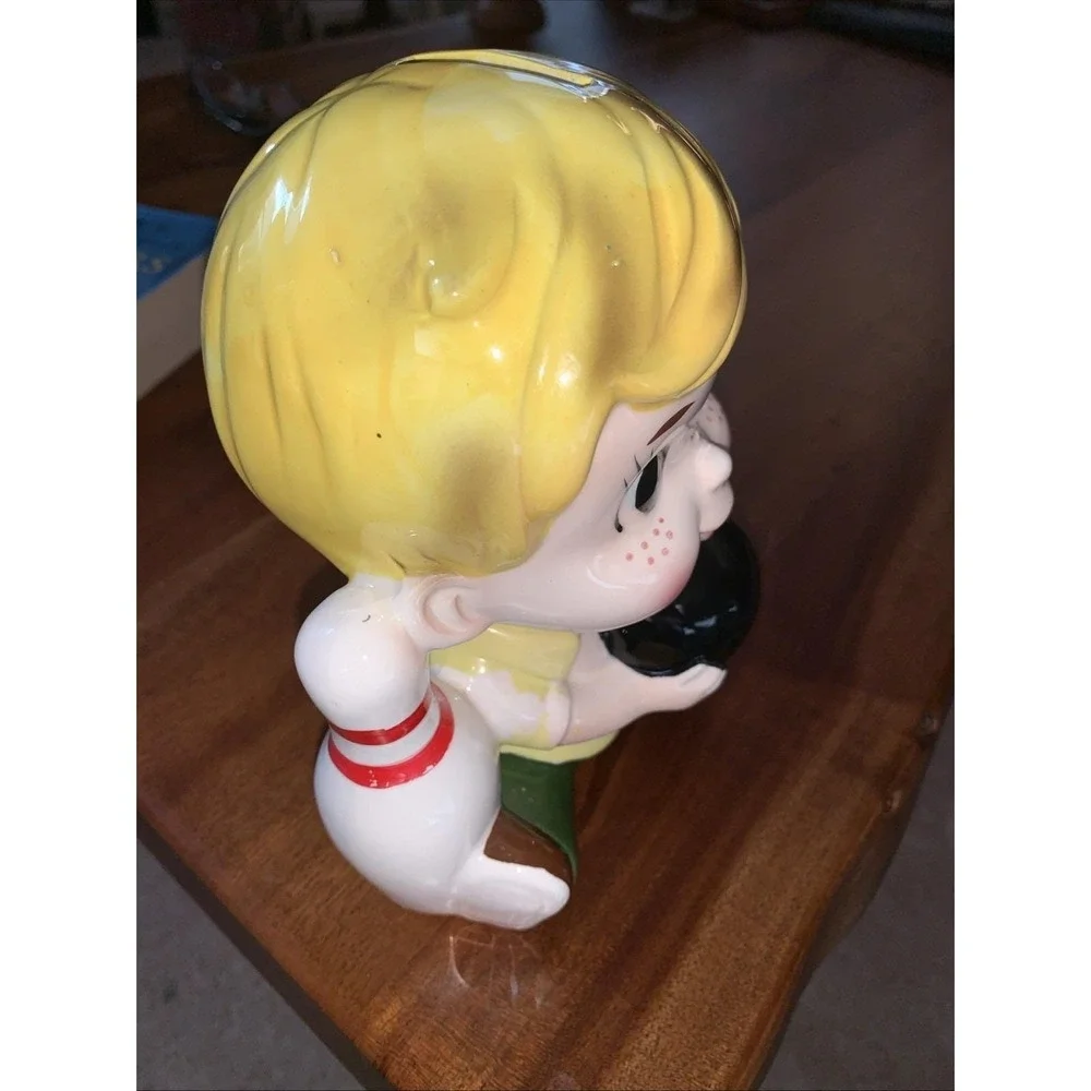 Vintage Japan Kitschy Boy w/Bowling Ball Pin Ceramic Still Bank Japan